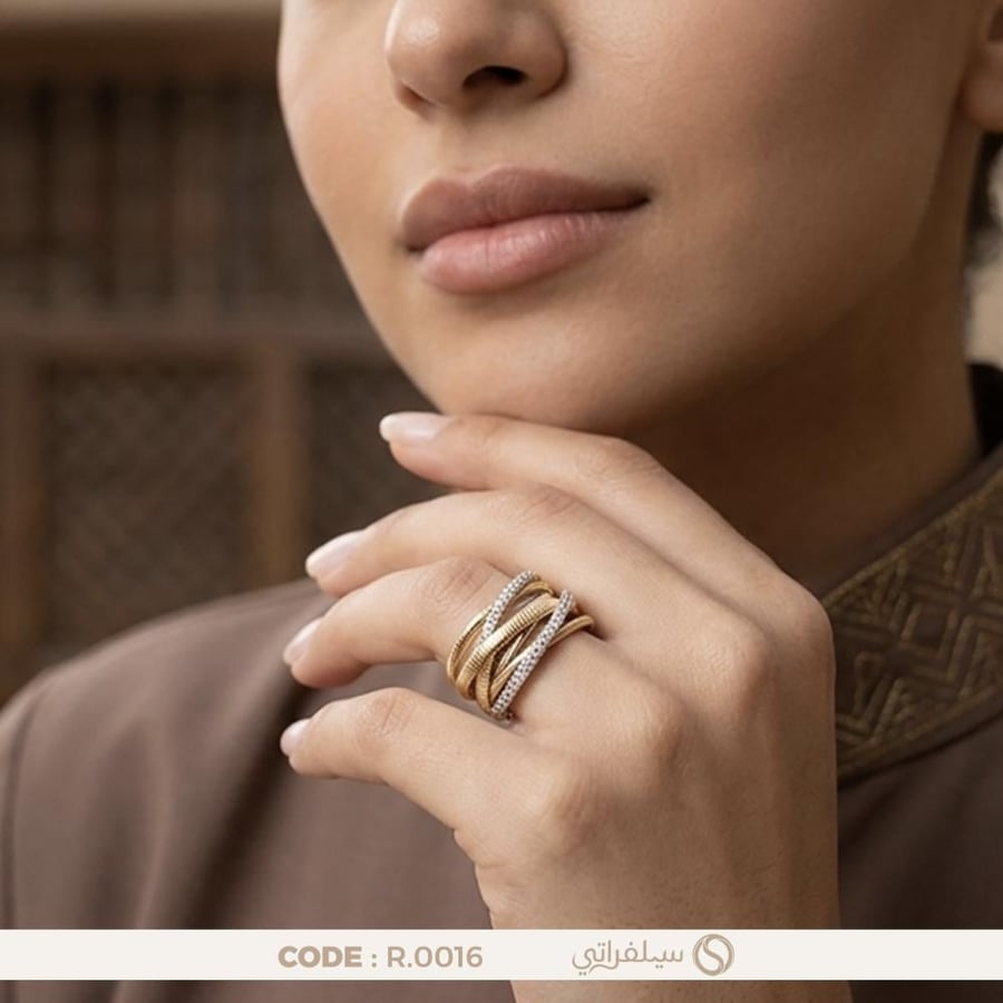 خاتم كريس كروس فضة عيار 925 بطلاء روديوم وماء الذهب (R-0016)