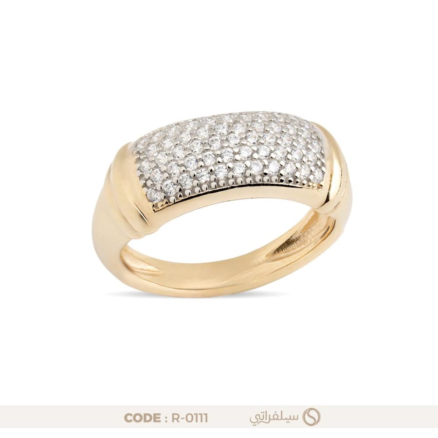 خاتم عريض فضة عيار 925 مرصع بالزركون مطلي بالروديوم وماء الذهب (R-0111)