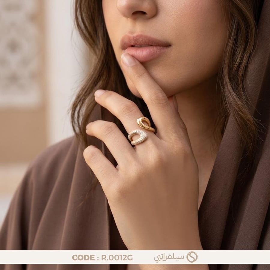 خاتم تصميم مفتوح فضة عيار 925 مرصع بالزركون مطلي بالروديوم وماء الذهب (R-0012G)