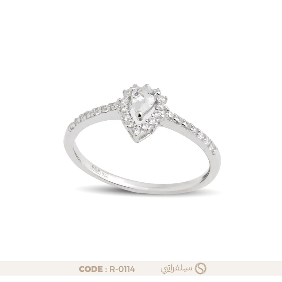 خاتم بقصة الكمثري فضة عيار 925 مرصع بالزركون مطلي روديوم (R-0114)
