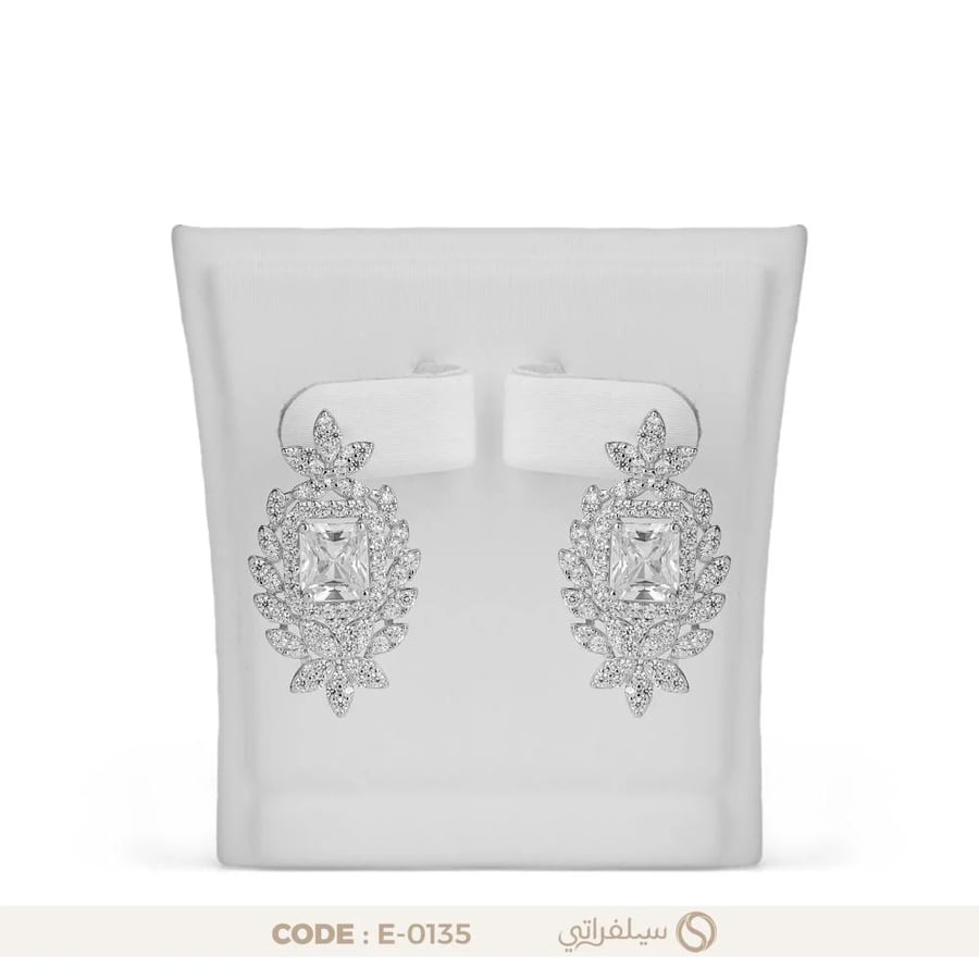 حلق زهرة فضة عيار 925 مرصع بالزركون، مطلي روديوم (E-0135)