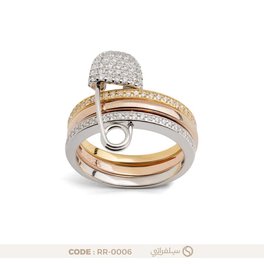 خاتم فضة نسائي بتصميم دبوس مرصع بالزركون، مطلي بالروديوم وماء الذهب (RR-0006)