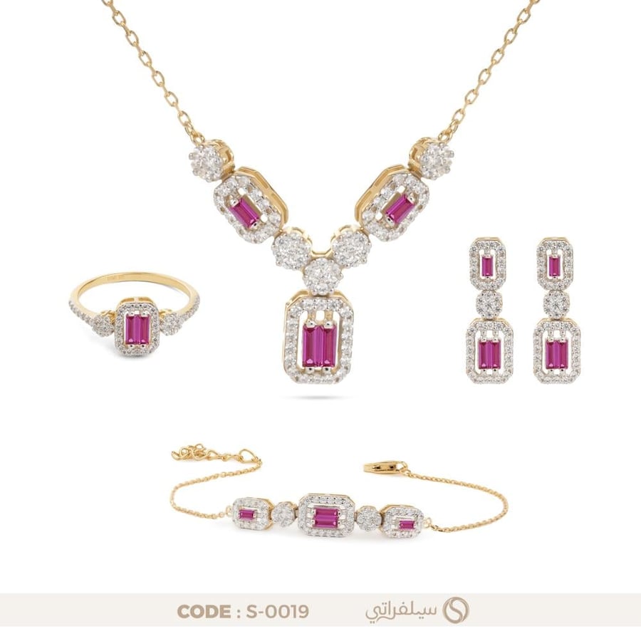 طقم باجيت وردي فضة عيار 925 مرصع بزركون بلمعان الألماس مطلي روديوم وماء الذهب (S-0019)