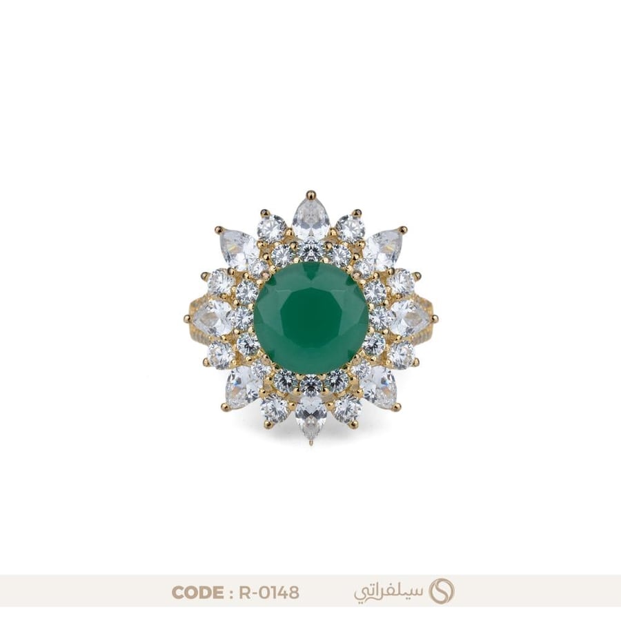 خاتم كوكتيل فضة عيار 925 مرصع بالزركون الأخضر مطلي روديوم وذهب (R-0148)