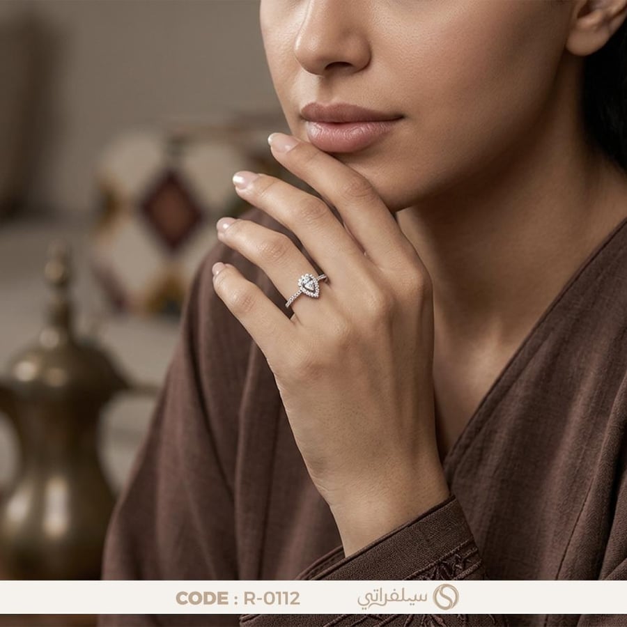 خاتم دمعة فضة عيار 925 مرصع بالزركون مطلي روديوم وماء الذهب (R-0112)