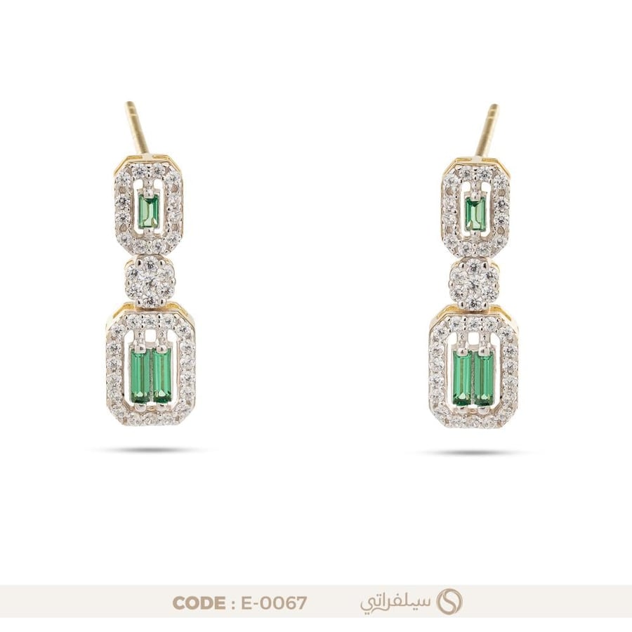 حلق الباجيت الأخضر فضة عيار 925 مرصع بزركون أخضر، مطلي روديوم وماء الذهب (E-0067)