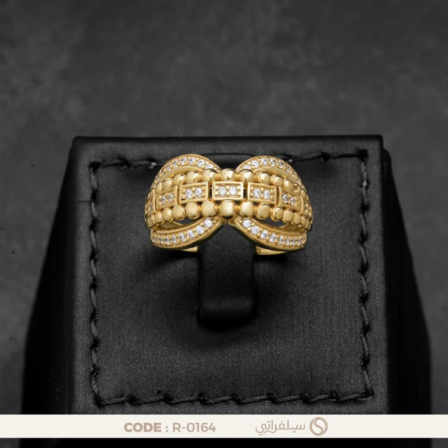 خاتم فضة فيونكة عيار 925 مرصع بالزركون، مطلي بالروديوم وماء الذهب (R-0164)