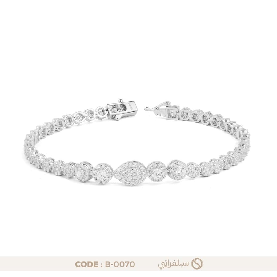 سوار فضة تنس دائري بوسط دمعة مرصع بالزركون، مطلي روديوم (B-0070)