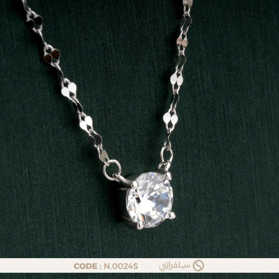 قلادة فص زركون دائري فضة عيار 925 مطلية روديوم (N-0024S)