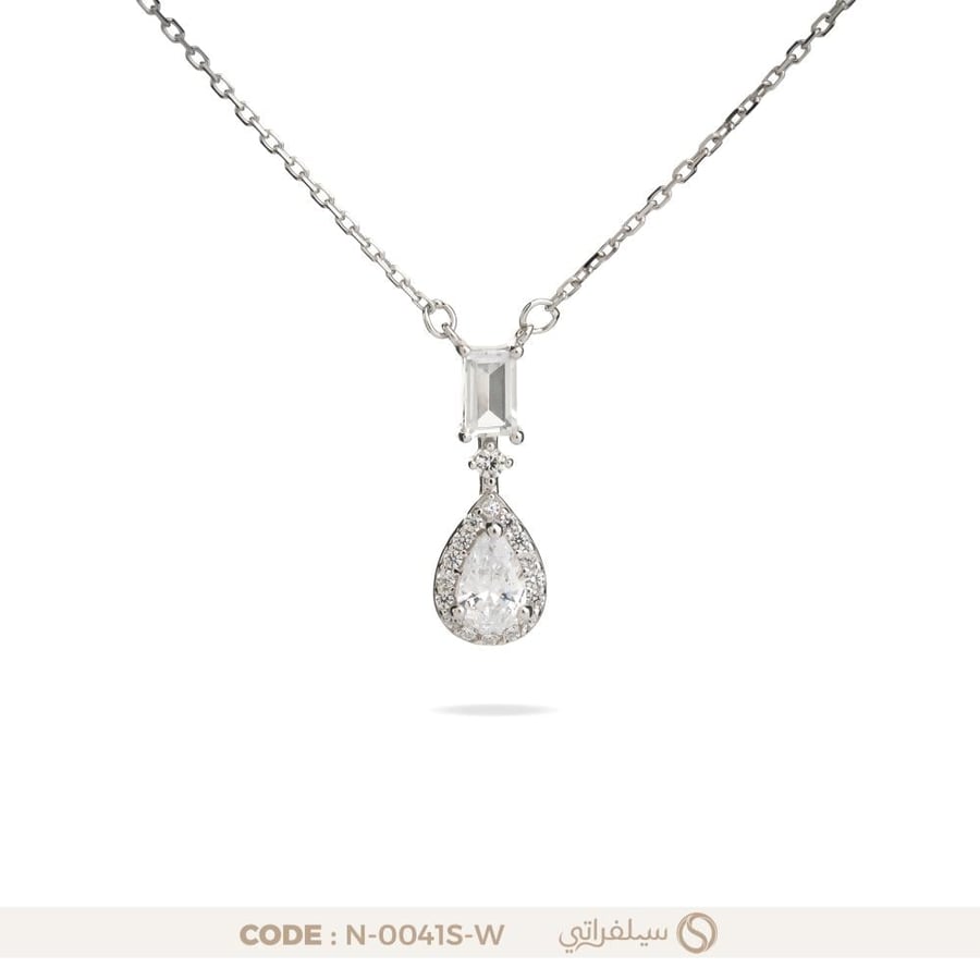 قلادة دمعة زركون فضة عيار 925 بفص باجيت علوي مطلية روديوم (N-0041S-W)