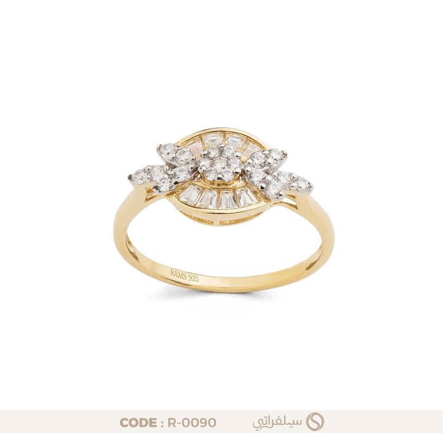 خاتم تصميم زهري فضة عيار 925 مرصع بالزركون مطلي بالروديوم وماء الذهب (R-0090)