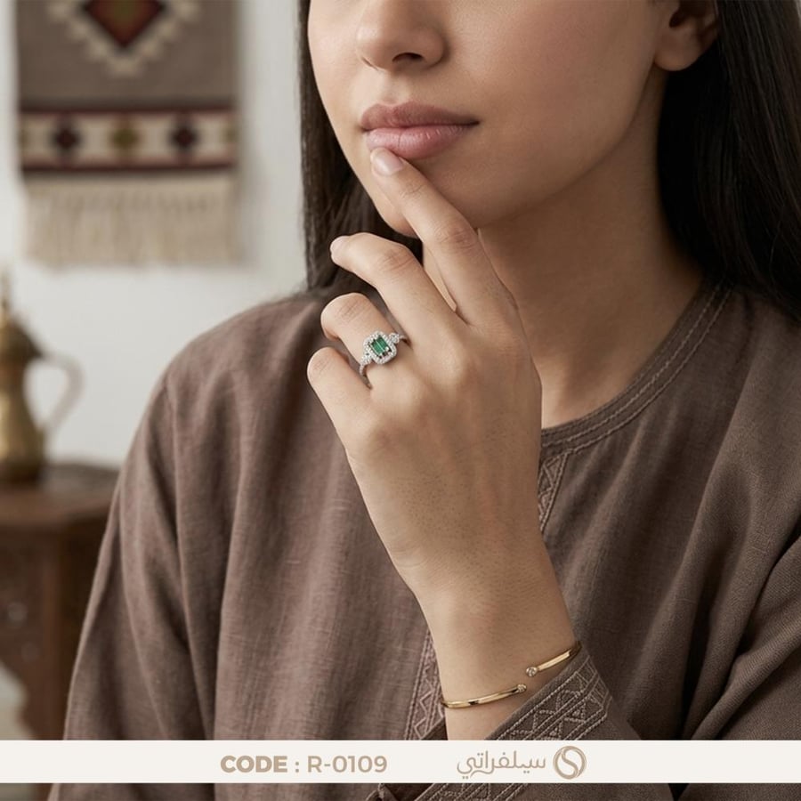 خاتم باجيت أخضر فضة عيار 925 مطلي روديوم (R-0109)