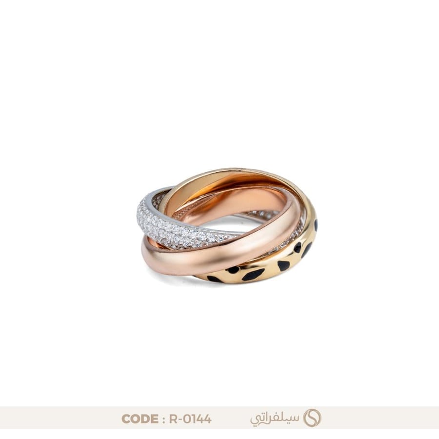 خاتم حلقات متداخلة فضة عيار 925 مرصع بالزركون مطلي روديوم وماء الذهب (R-0144)