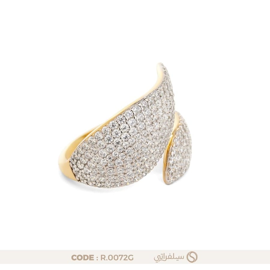 خاتم ورق فضة عيار 925 مرصع بالزركون مطلي روديوم وماء الذهب (R-0072G)