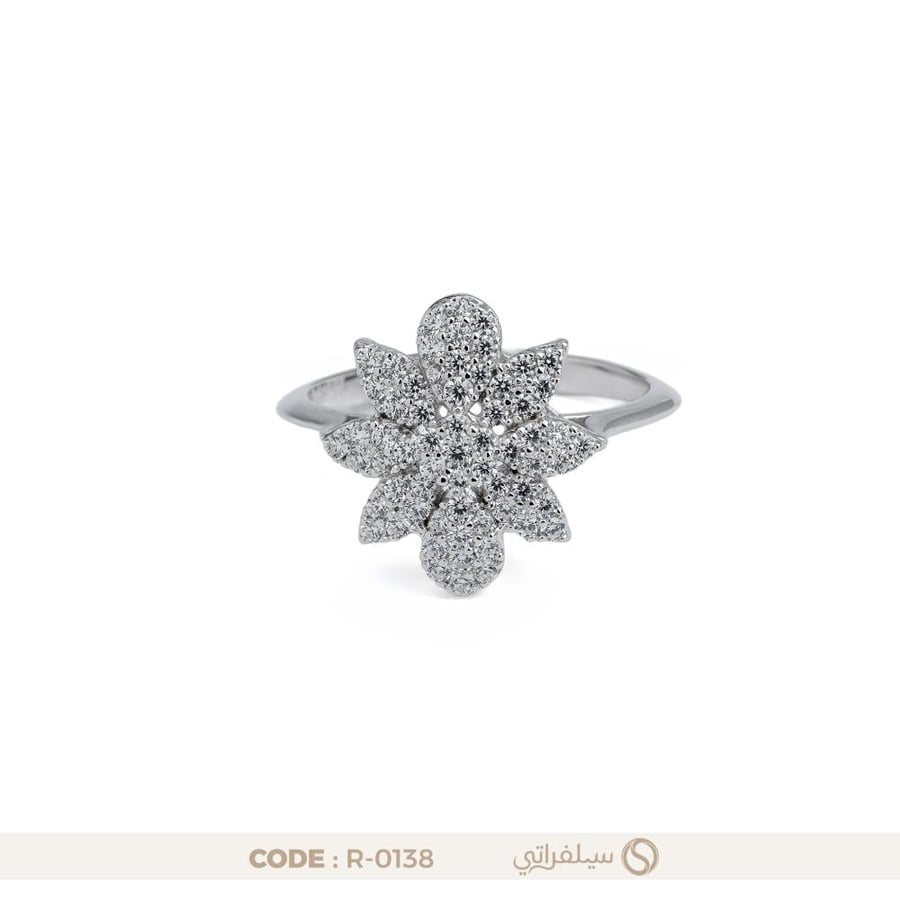 خاتم فضة عيار 925 بتصميم زهرة مرصع بالزركون مطلي روديوم (R-0138)