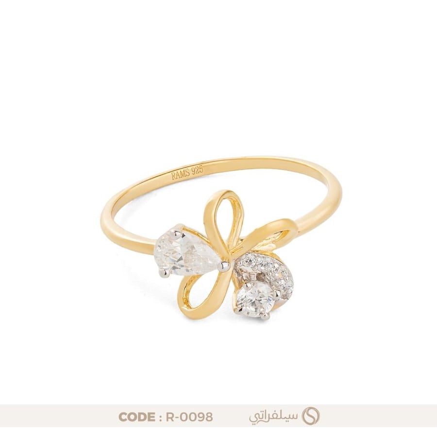 خاتم فيونكة فضة عيار 925 بفصي زركون متدرجين مطلي روديوم وماء الذهب (R-0098)