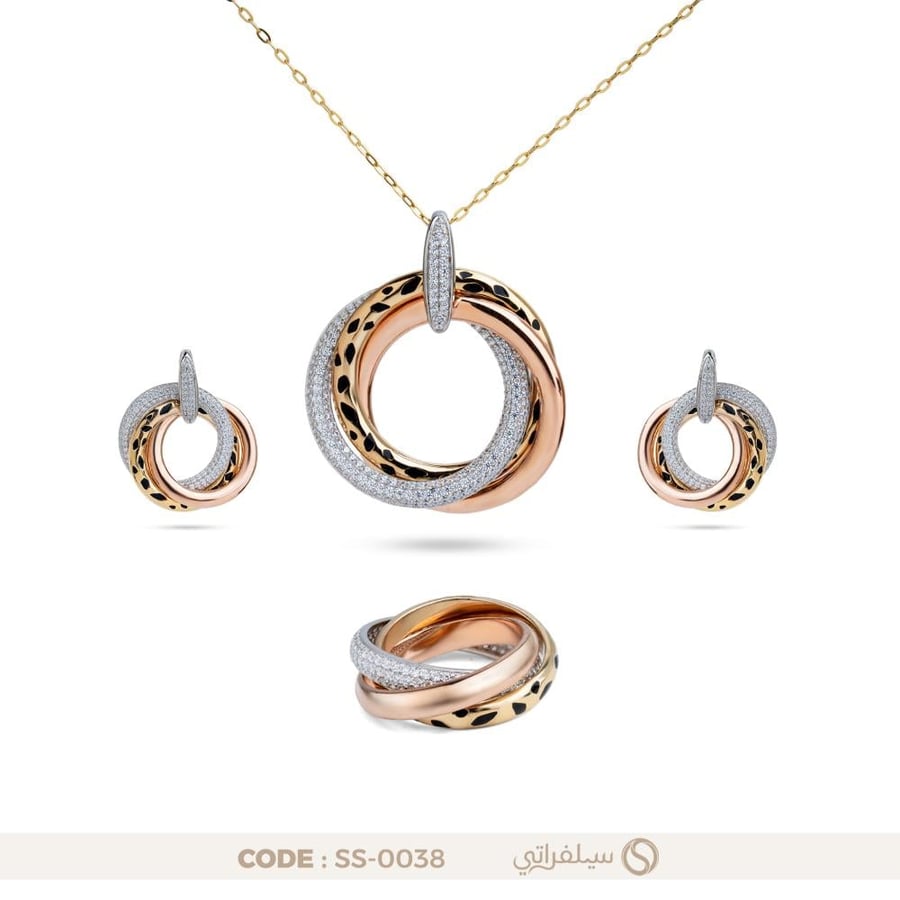 نصف طقم ثلاثي دائري فضة عيار 925 بحلقات متشابكة مرصع بالزركون مطلي روديوم وماء الذهب (SS-0038)