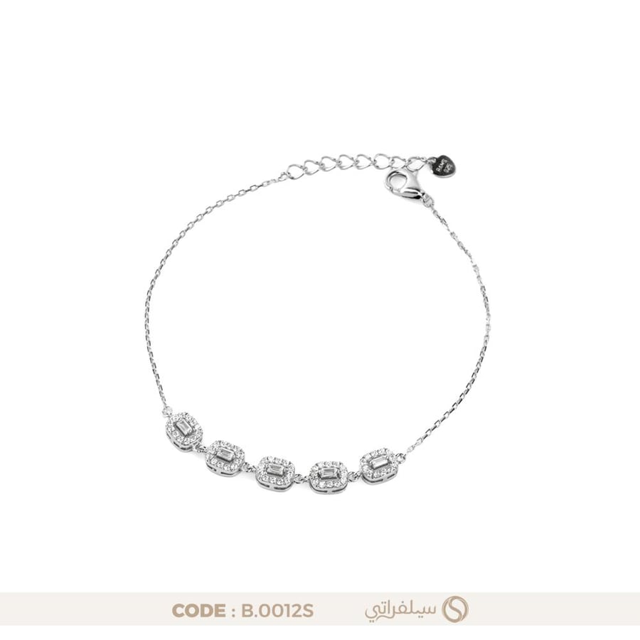 سوار فضة عيار 925 بفصوص زركون مستطيلة بإطار دائري، مطلي روديوم (B-0012S)