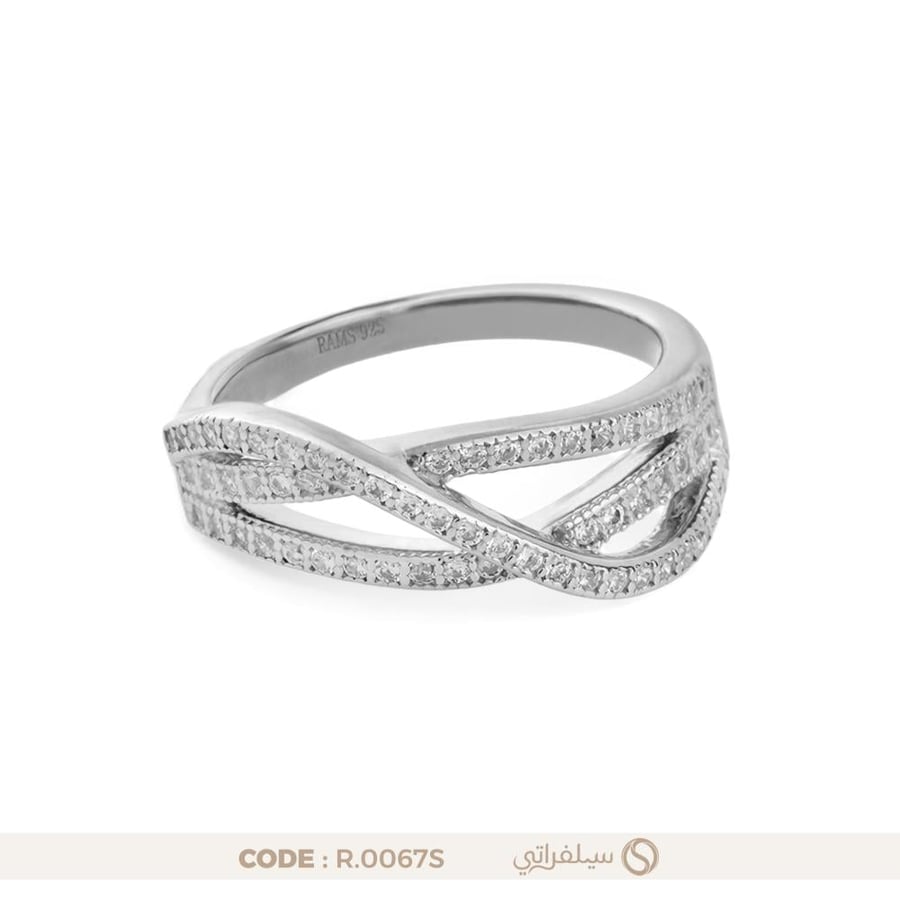 خاتم فضة نسائي بتصميم متشابك مرصع بالزركون مطلي روديوم (R-0067S)