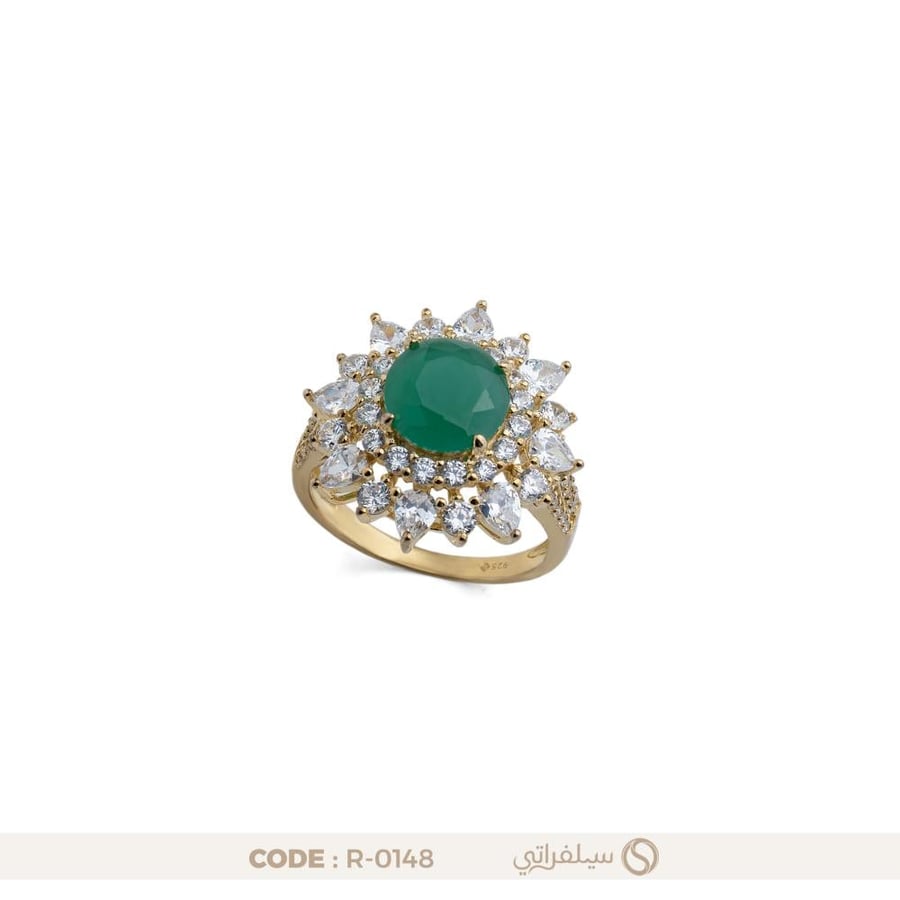 خاتم كوكتيل فضة عيار 925 مرصع بالزركون الأخضر مطلي روديوم وذهب (R-0148)