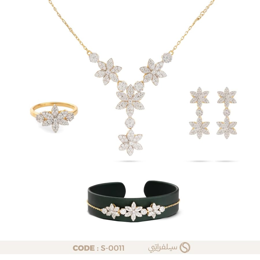 طقم الزهرة فضة عيار 925 مرصع بالزركون مطلي روديوم وماء الذهب (S-0011)