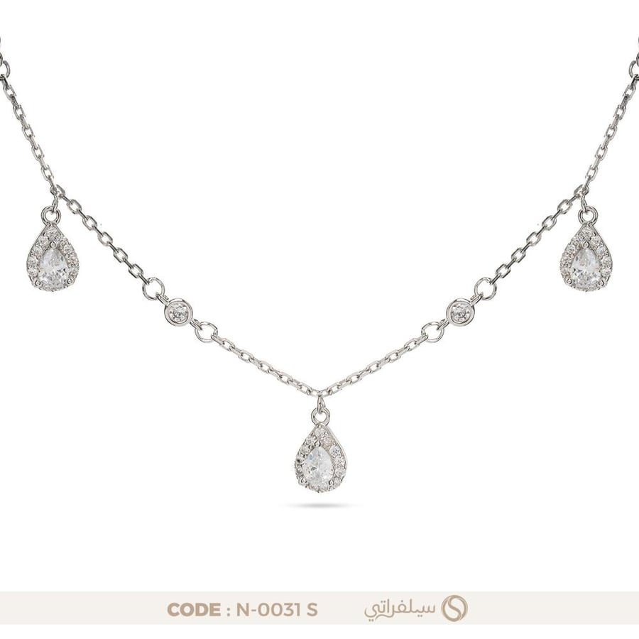 قلادة دمعة فضة عيار 925 مرصعة بالزركون، مطلية روديوم (N-0031S)