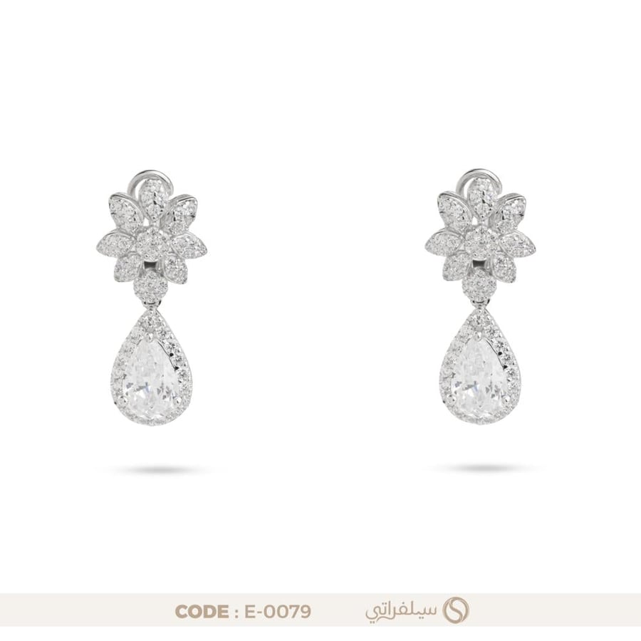 حلق فضة متدلي عيار 925 بتصميم زهرة ودمعة زركون، مطلي روديوم (E-0079)