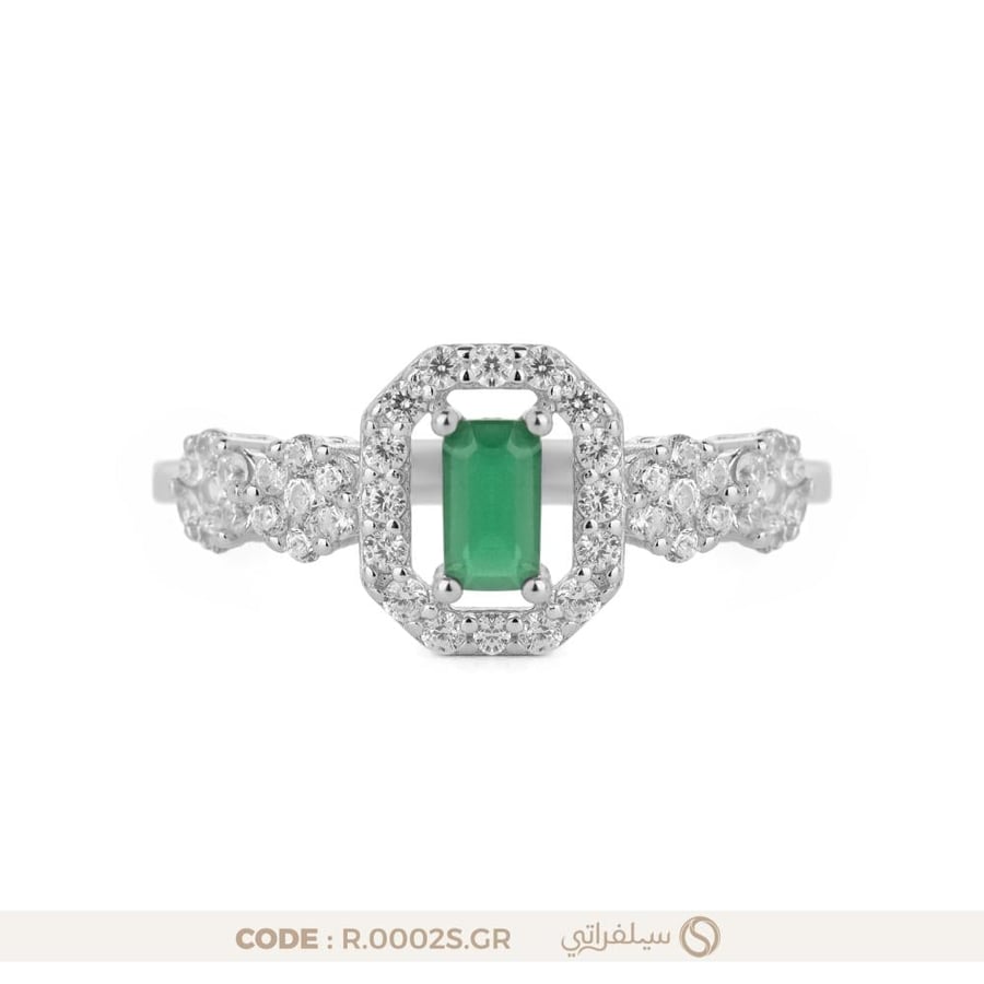 خاتم فضة عيار 925 بفص زركون أخضر محاط بفصوص لامعة (R-0002S-GR)