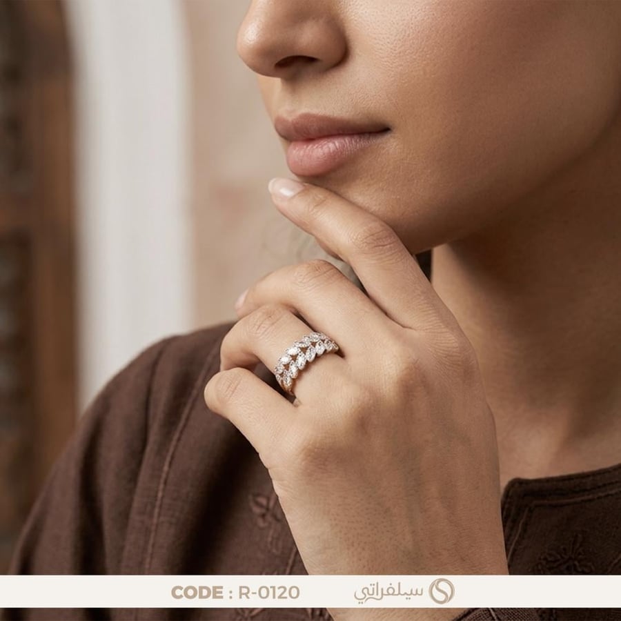 خاتم غصن الزيتون فضة عيار 925 مرصع بالزركون مطلي بالروديوم وماء الذهب (R-0120)