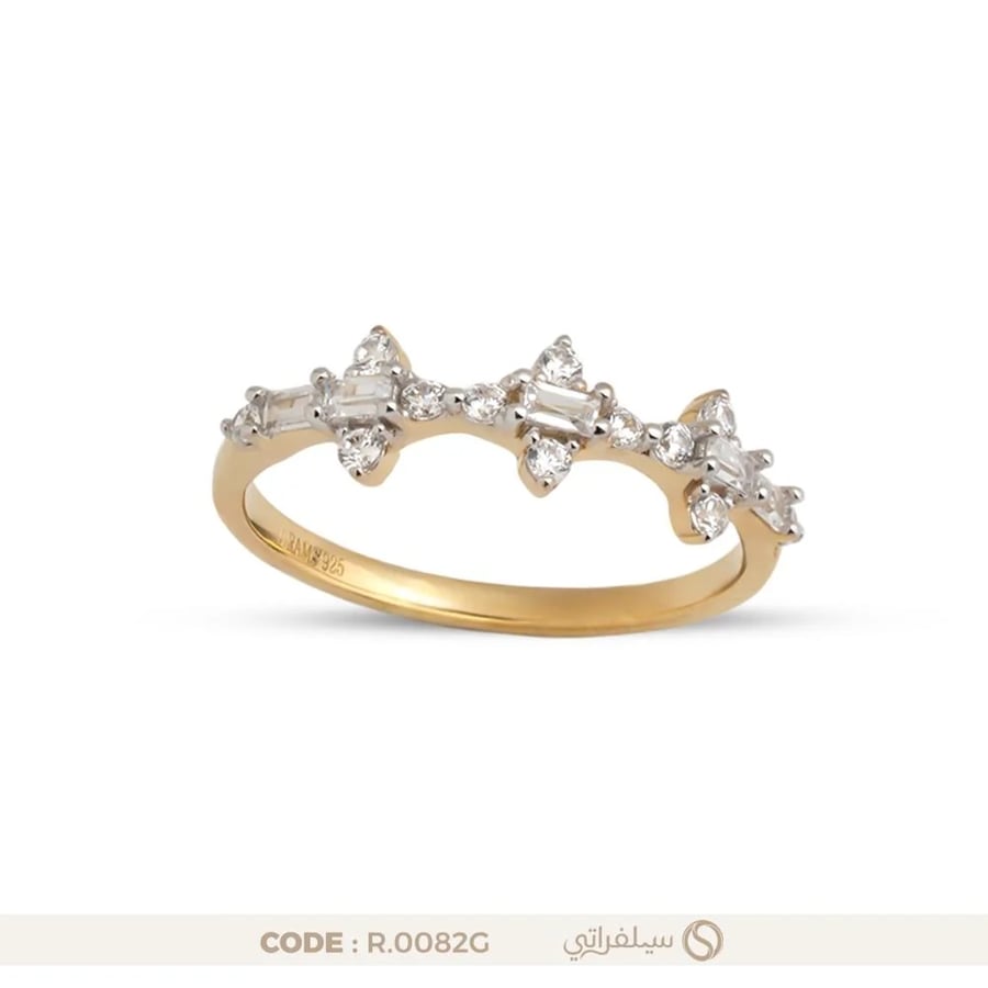 خاتم تاج فضة عيار 925 مرصع بالزركون مطلي بالروديوم وماء الذهب (R-0082G)