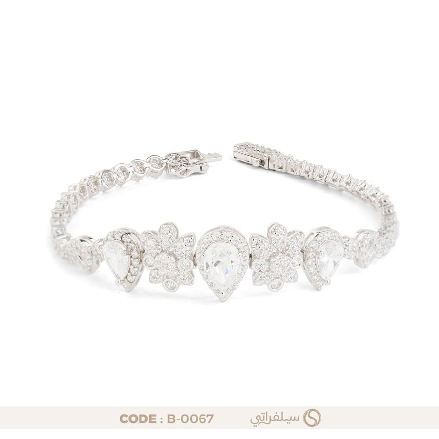 سوار دمعة وزهرة فضة عيار 925 مرصع بالزركون، مطلي بالروديوم (B-0067)
