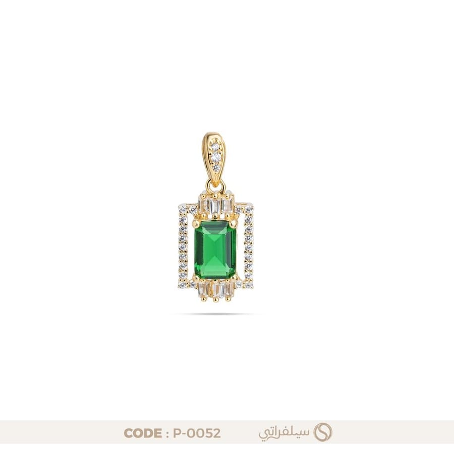 تعليقة مستطيلة بفص أخضر فضة عيار 925 مطلية روديوم وماء الذهب (P-0052)