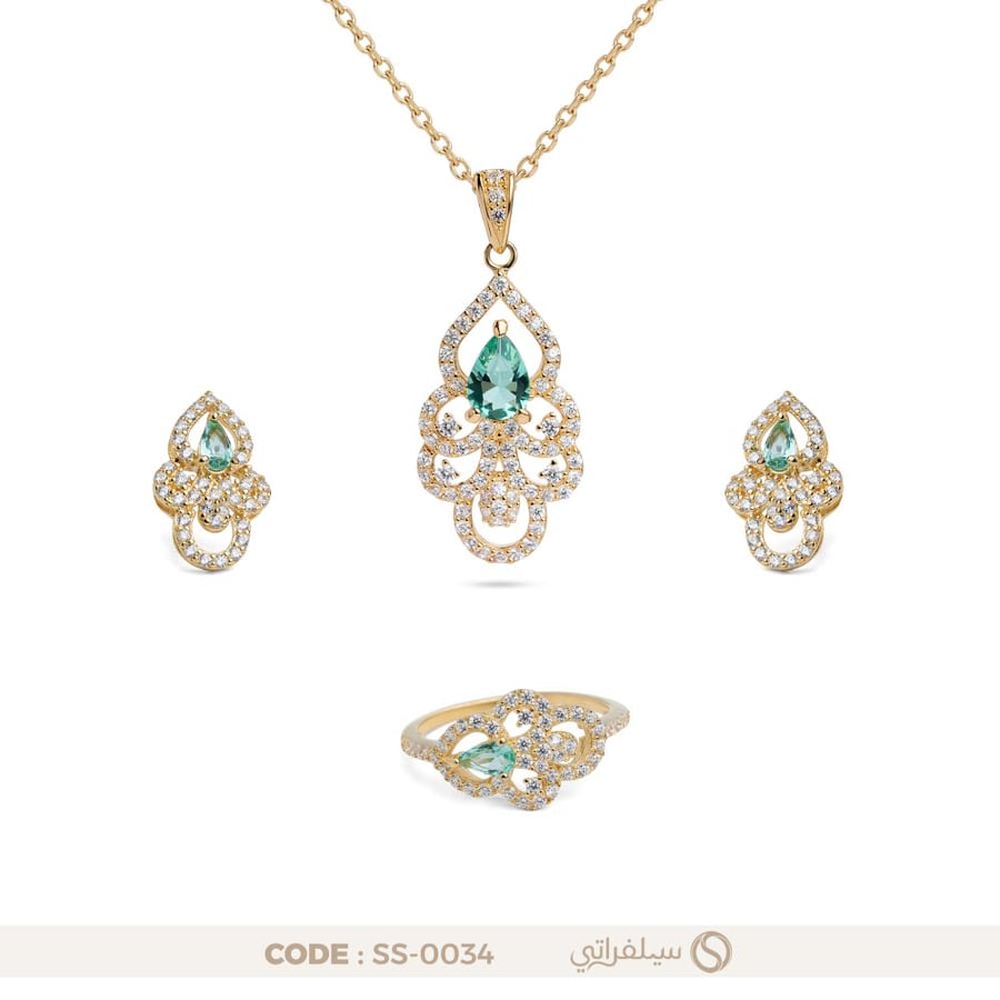 نصف طقم مرصع بالزركون وفص أخضر فضة عيار 925 مطلي روديوم وماء الذهب (SS-0034)