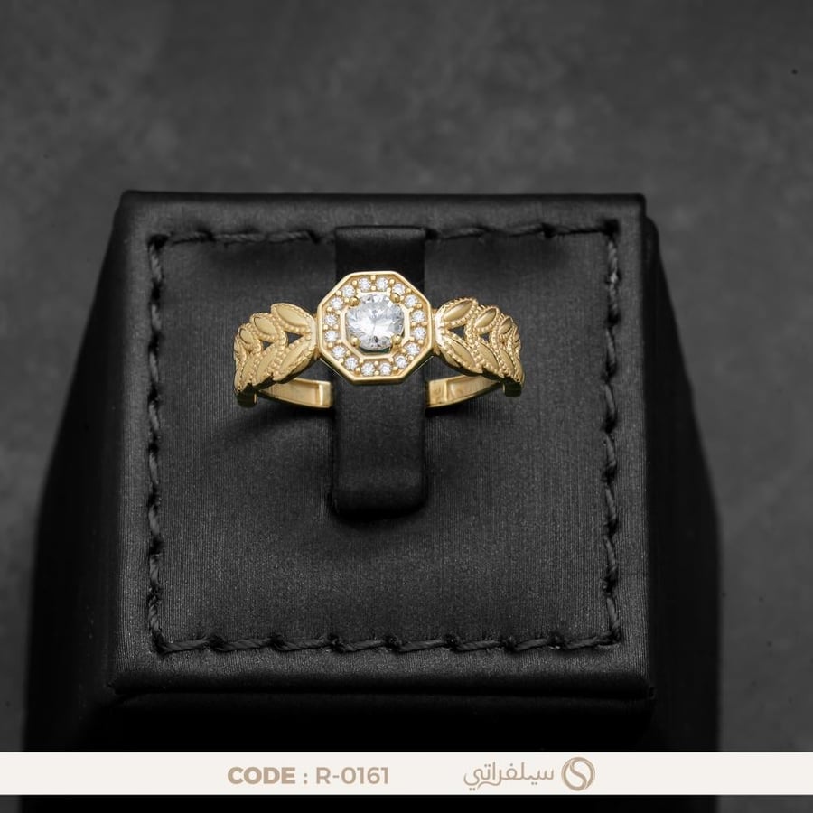 خاتم فضة عيار 925 مرصع بالزركون بتصميم ثماني الإطار مطلي بالروديوم وماء الذهب (R-0161)