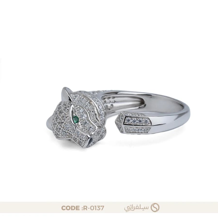خاتم رأس النمر المفتوح فضة عيار 925 مرصع بالزركون مطلي روديوم (R-0137)