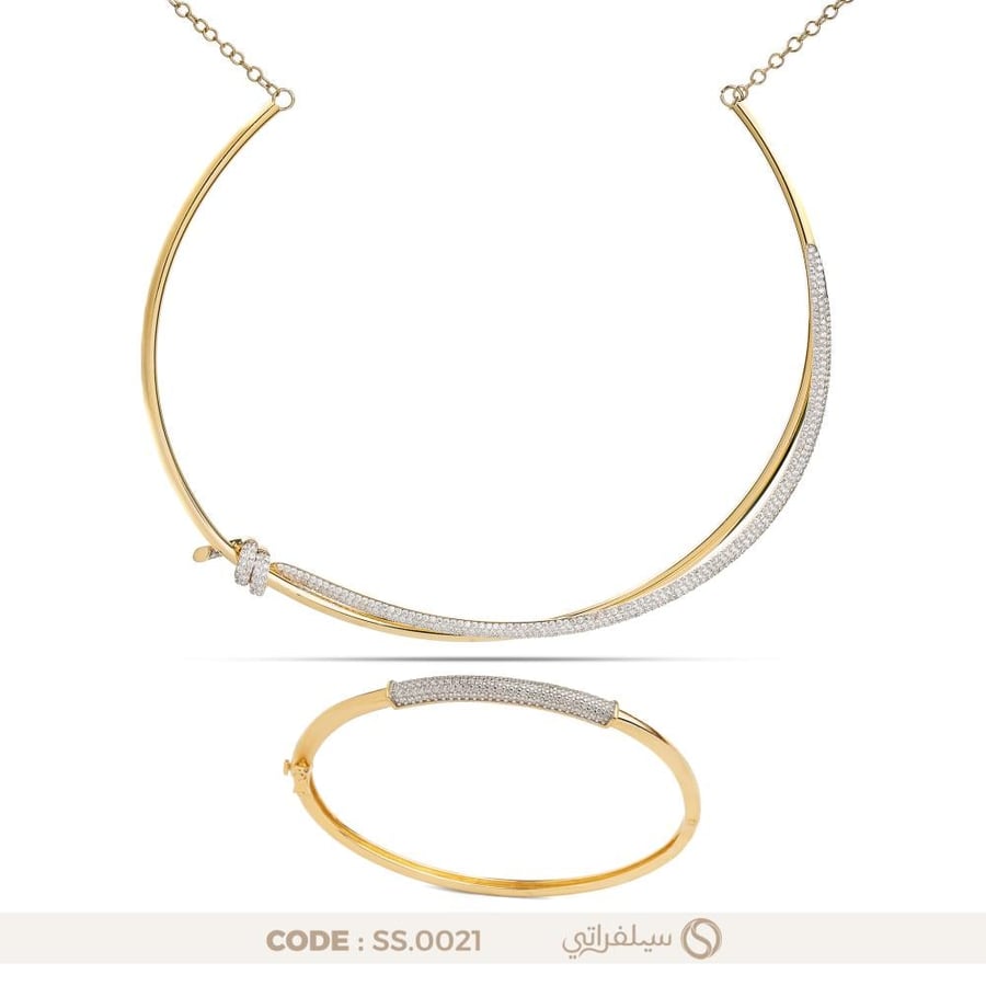 نصف طقم فضة عيار 925 بتصميم خطين متقاطعين مرصع بالزركون مطلي روديوم وماء الذهب (SS-0021)