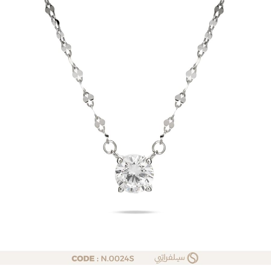 قلادة فص زركون دائري فضة عيار 925 مطلية روديوم (N-0024S)