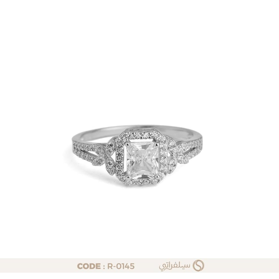 خاتم فضة عيار 925 بقصة الكوشن مرصع بالزركون بلمعان الألماس مطلي روديوم (R-0145)