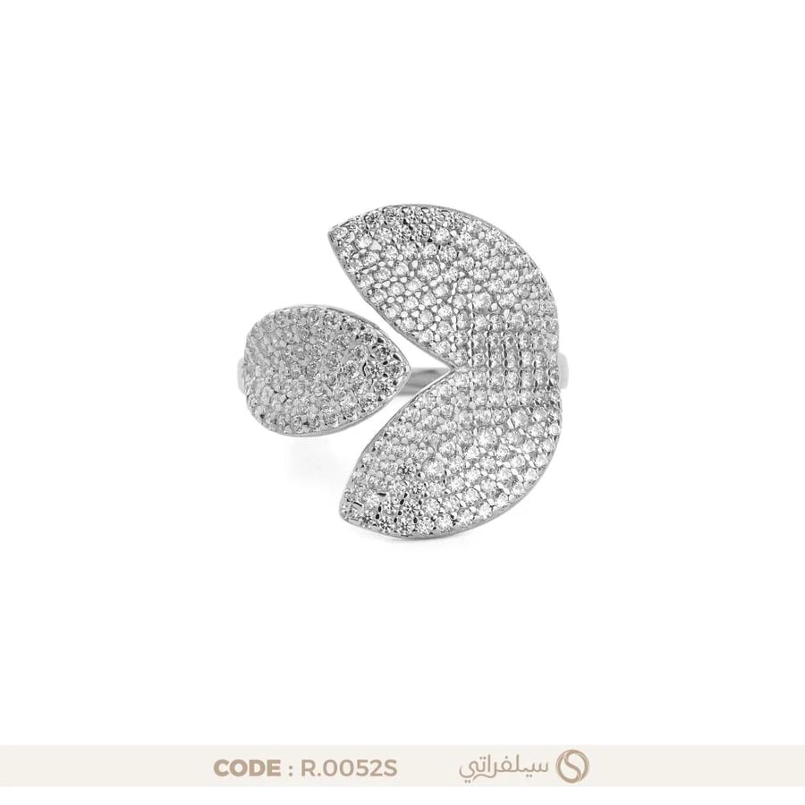 خاتم فضة نسائي بتصميم ورقتين متفاوتتين الحجم مرصع بالزركون (R-0052S)
