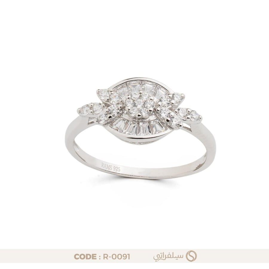 خاتم فضة عيار 925 بتصميم بيضاوي مرصع بزركون بلمعان الألماس مطلي روديوم (R-0091)