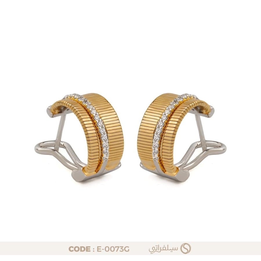 حلق فضة مرصع بالزركون بتصميم مخطط، مطلي روديوم وماء الذهب (E-0073G)