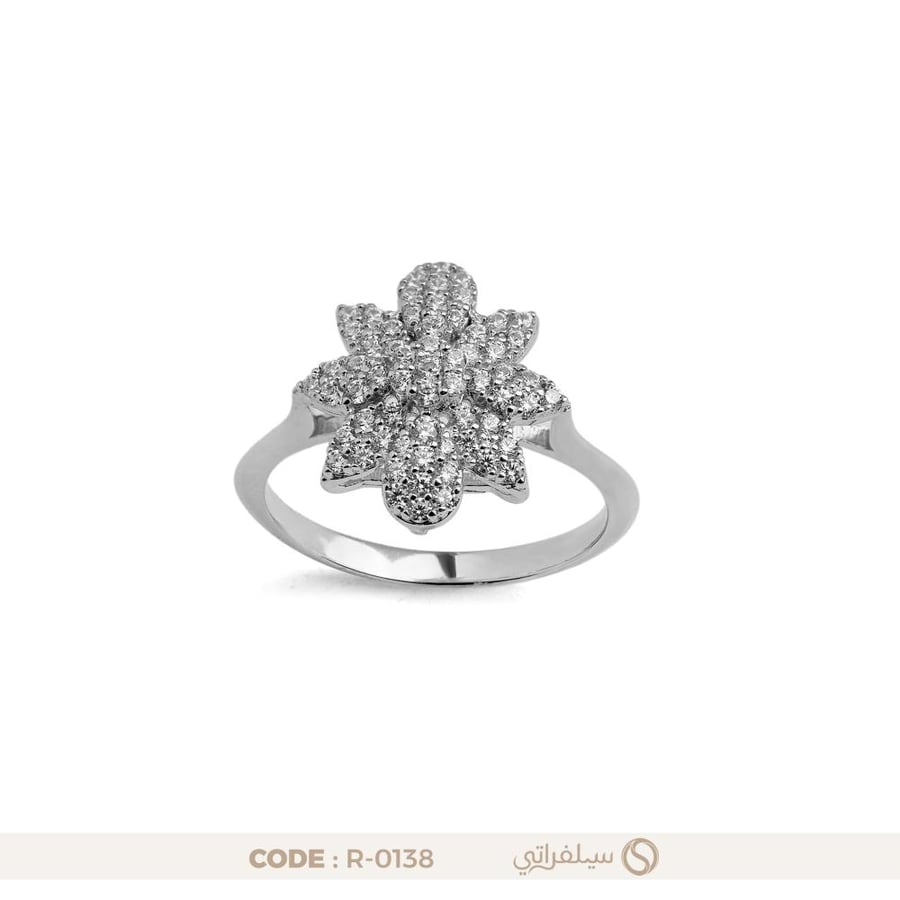 خاتم فضة عيار 925 بتصميم زهرة مرصع بالزركون مطلي روديوم (R-0138)