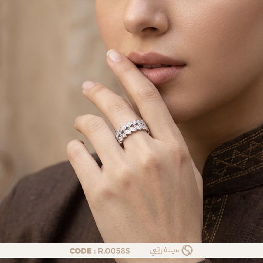 خاتم ماركيز فضة عيار 925 مرصع بفصوص زركون بلمعان الألماس مطلي بالروديوم (R-0058S)