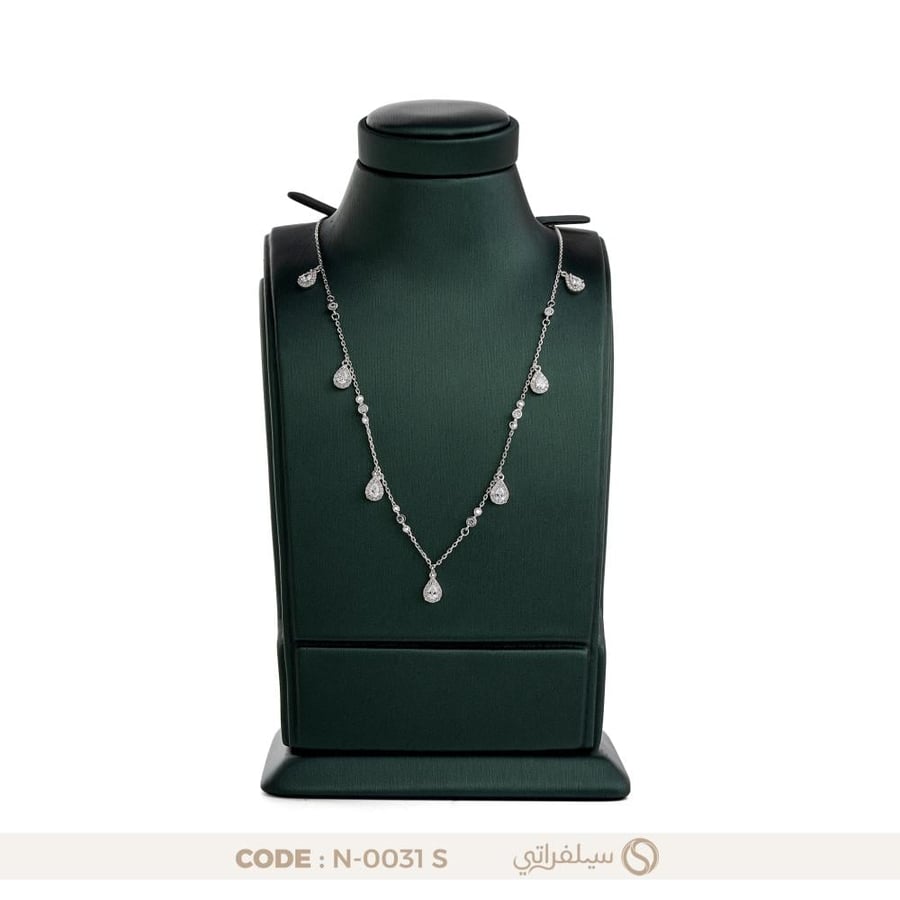 قلادة دمعة فضة عيار 925 مرصعة بالزركون، مطلية روديوم (N-0031S)