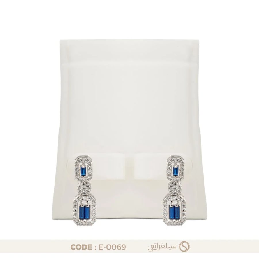 حلق الباجيت الأزرق فضة عيار 925 مرصع بزركون أزرق، مطلي روديوم (E-0069)