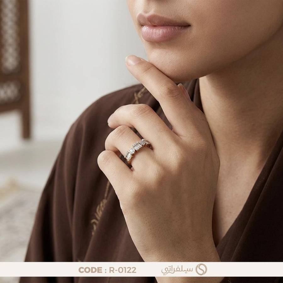 خاتم مكعب مرصع بالزركون فضة عيار 925 مطلي روديوم وماء الذهب (R-0122)