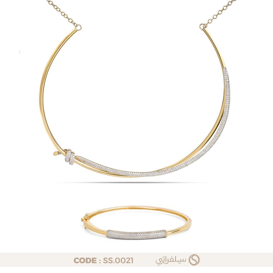 نصف طقم فضة عيار 925 بتصميم خطين متقاطعين مرصع بالزركون مطلي روديوم وماء الذهب (SS-0021)