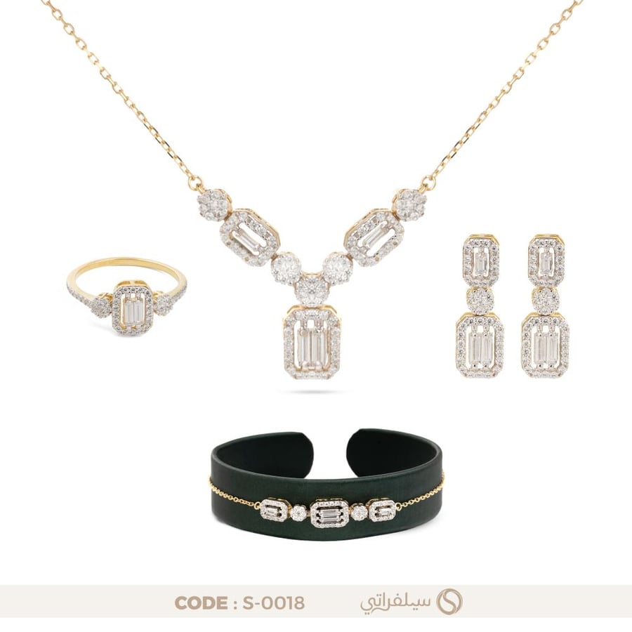طقم الباجيت الأبيض فضة عيار 925 مرصع بالزركون مطلي روديوم وماء الذهب (S-0018)