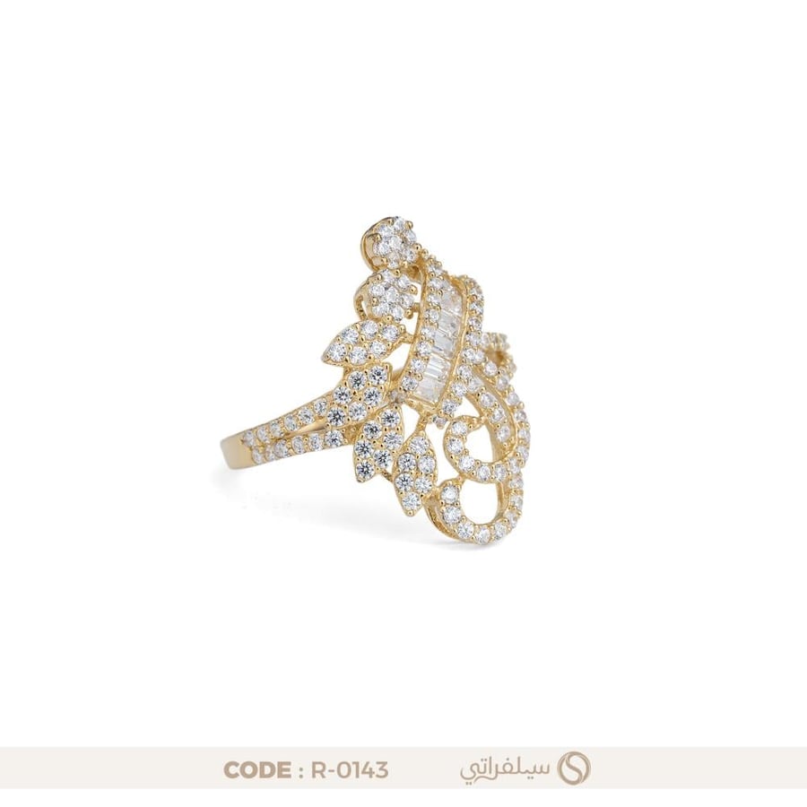خاتم فضة مرصع بالزركون بتصميم ورقي متعدد الطبقات مطلي روديوم وماء الذهب (R-0143)