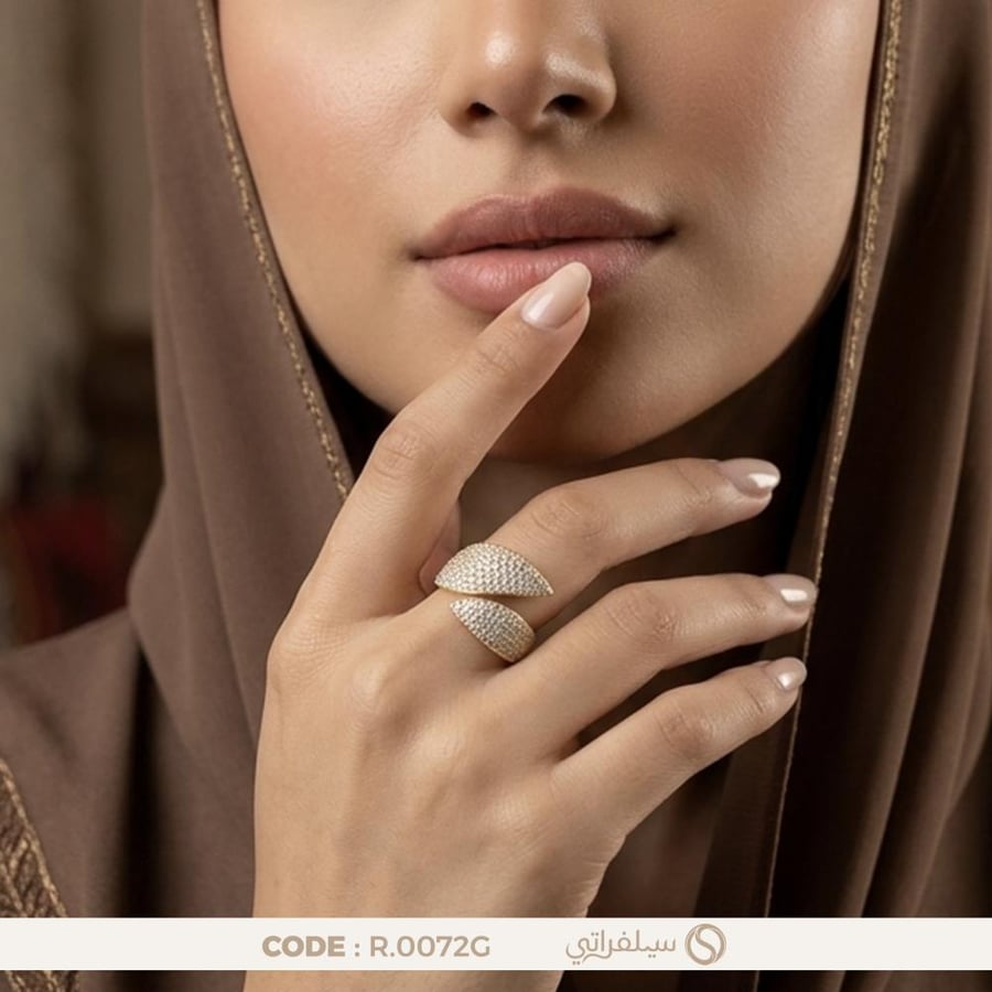 خاتم ورق فضة عيار 925 مرصع بالزركون مطلي روديوم وماء الذهب (R-0072G)